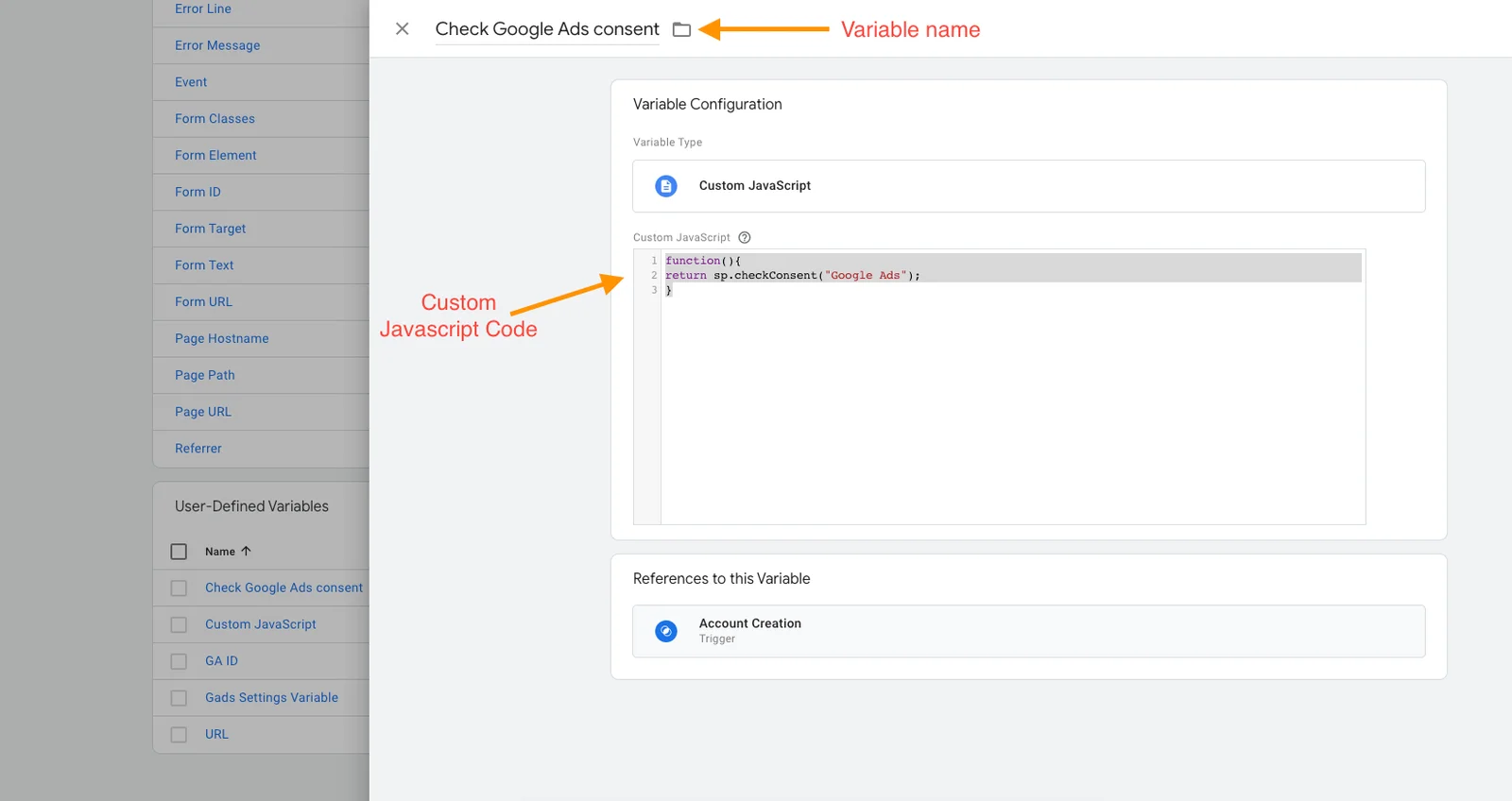 GTM Variables panel showing a new Custom JavaScript variable configured for a consent check