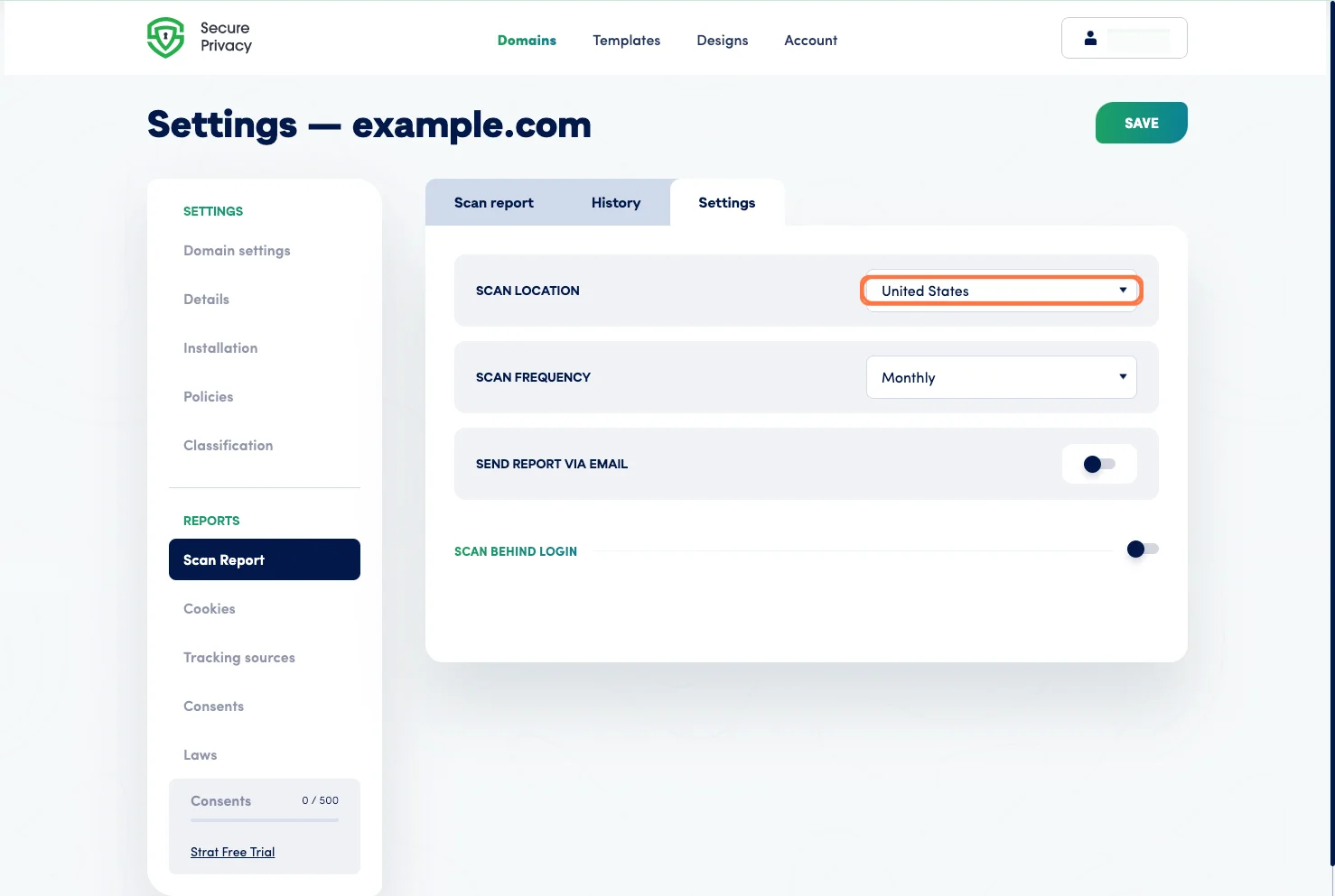 Secure Privacy Scan Settings tab showing controls for scan frequency, US or EU server location, email notifications, and scanning behind a login