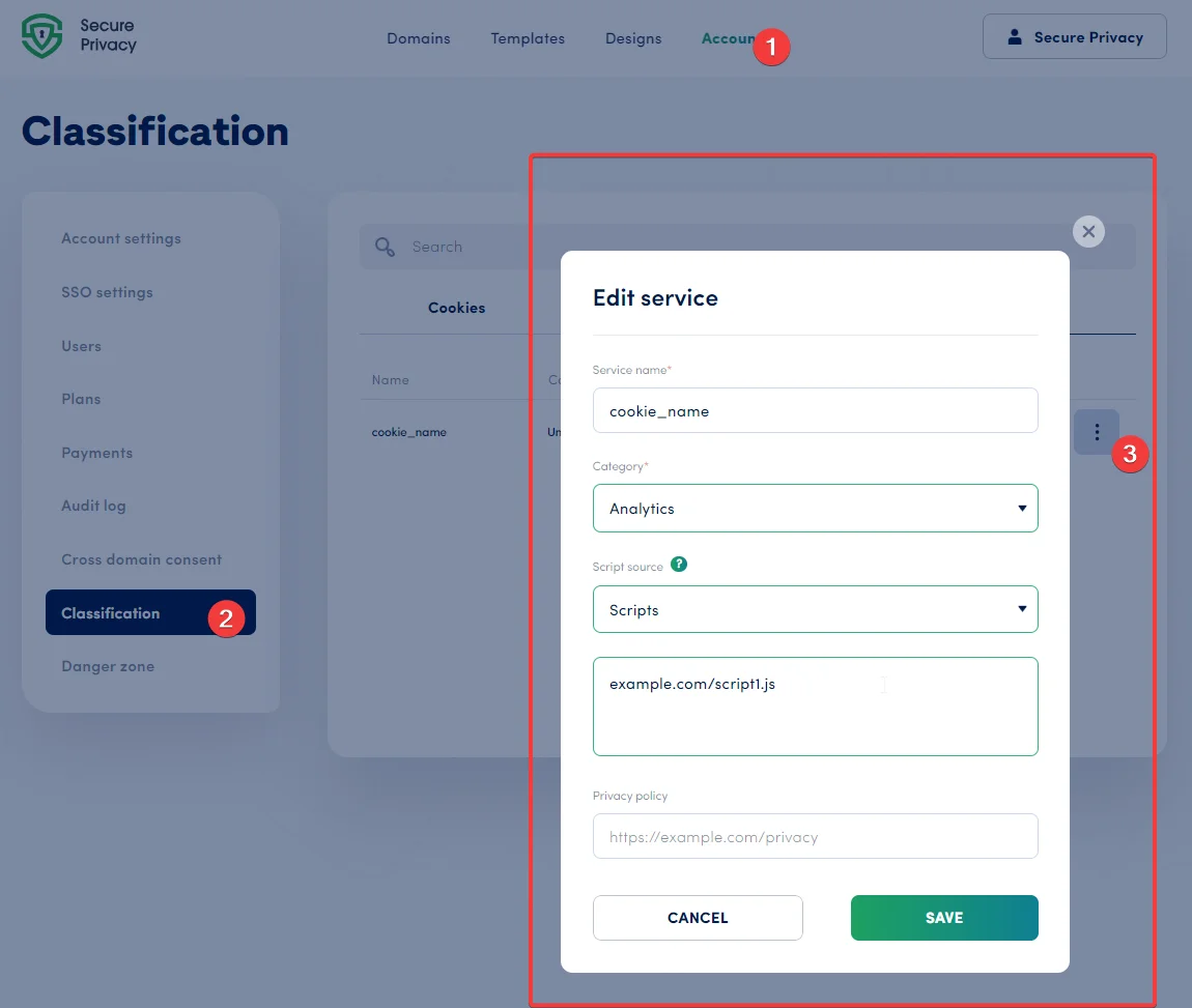 Secure Privacy account-level Classification Services tab showing the Edit Service form with fields for service name, consent category, script source URL, and privacy policy link