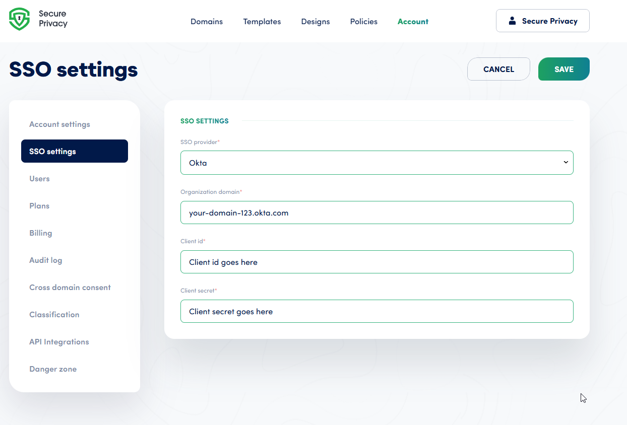 Secure Privacy SSO settings showing Client ID and Client Secret fields for Okta integration