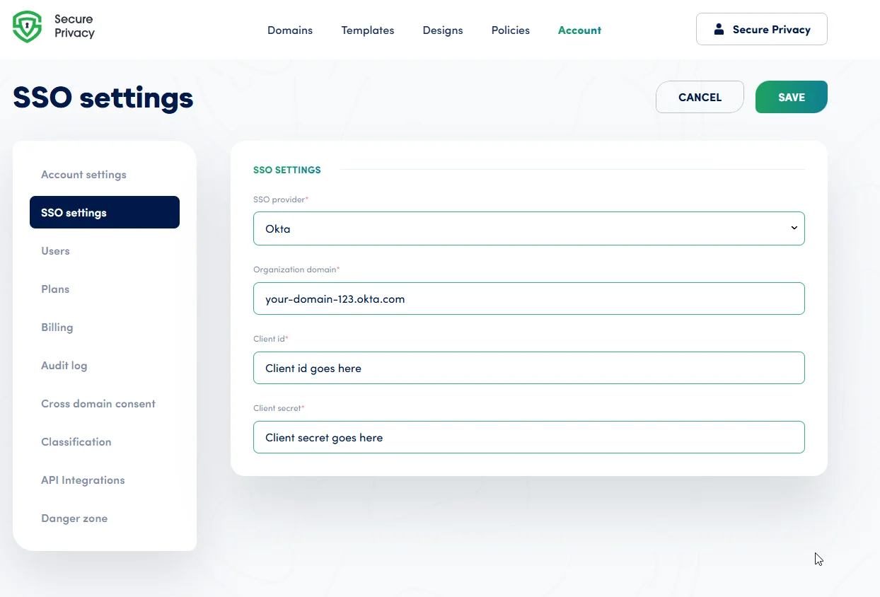 Secure Privacy SSO settings showing Client ID and Client Secret fields for Okta integration