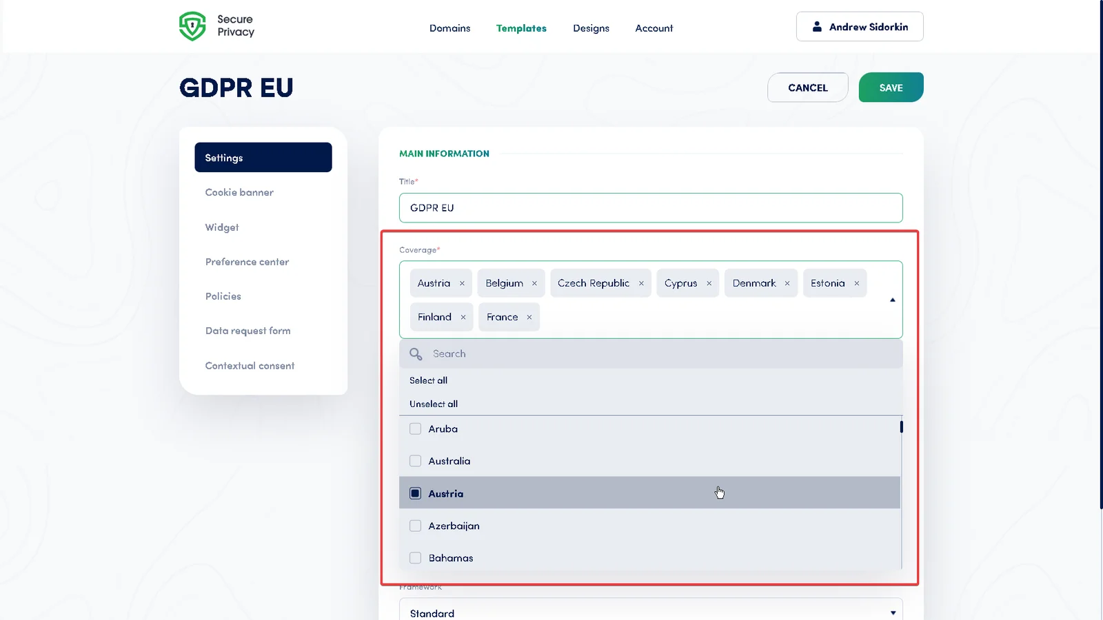 Secure Privacy template geo-targeting coverage settings showing country and region selection