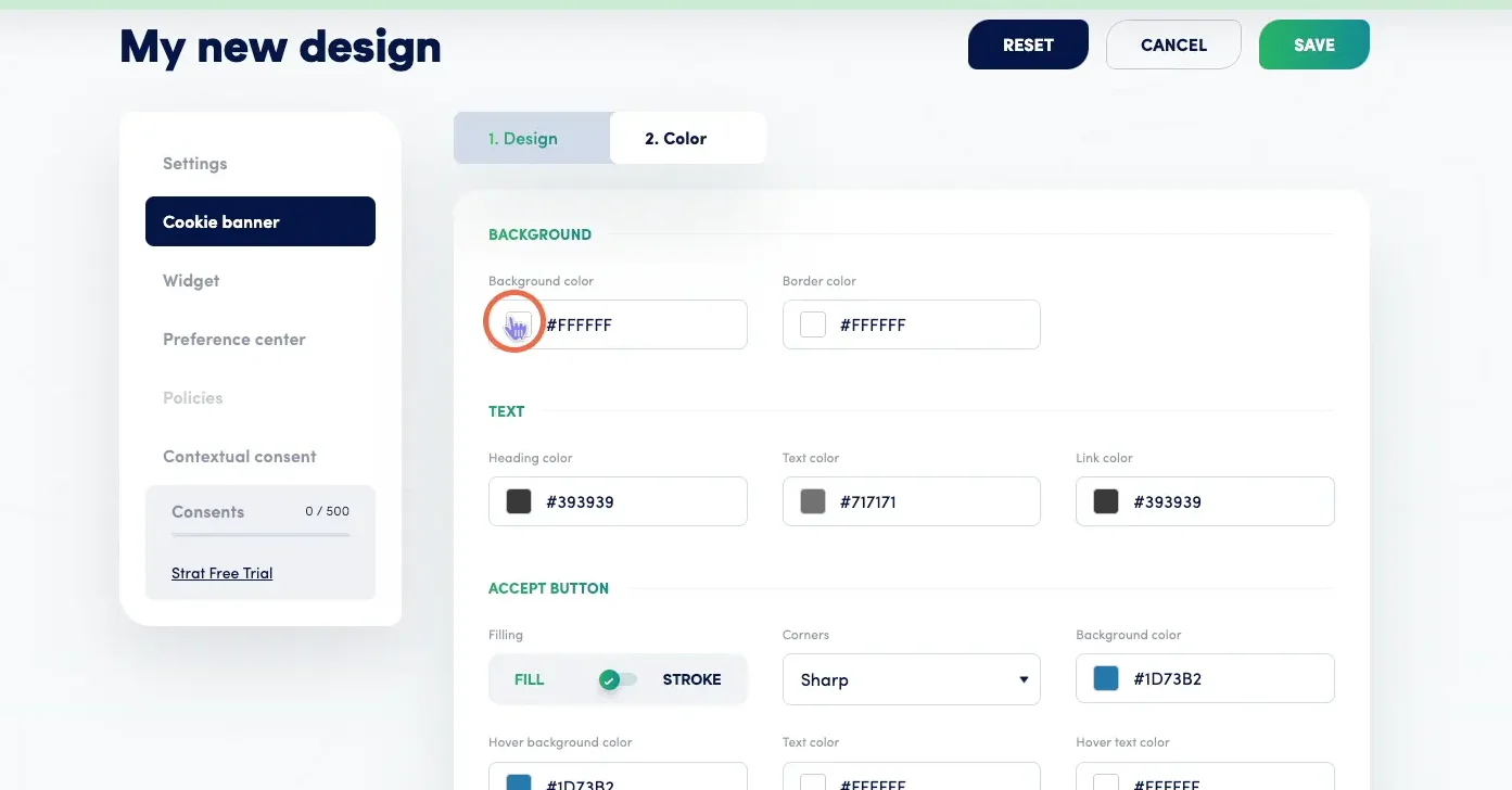 Secure Privacy Cookie Banner Color tab showing background color, text color, and button color customization options