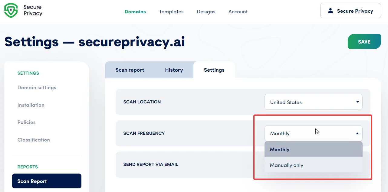 Secure Privacy Scan Report Settings showing Scan Frequency options: Monthly automated scan and Manual scan on demand