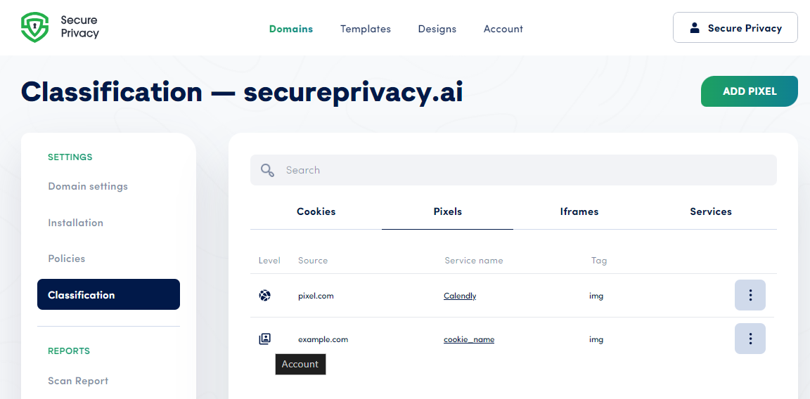 Secure Privacy Classification Pixels tab — list of detected tracking pixels with account-level and domain-level classification options