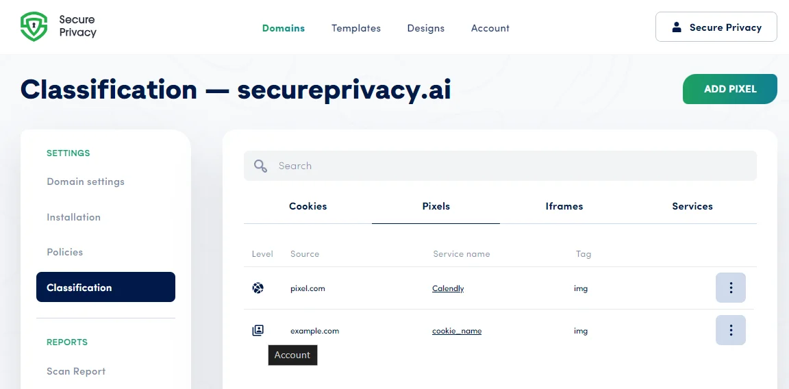 Secure Privacy Classification Pixels tab — list of detected tracking pixels with account-level and domain-level classification options