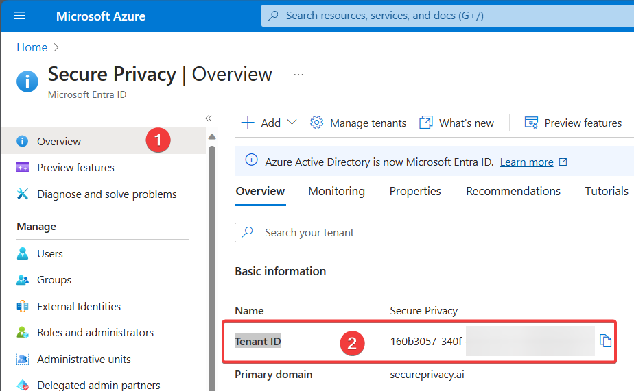 Azure Home page search bar with 'Microsoft Entra ID' entered to navigate to the directory overview