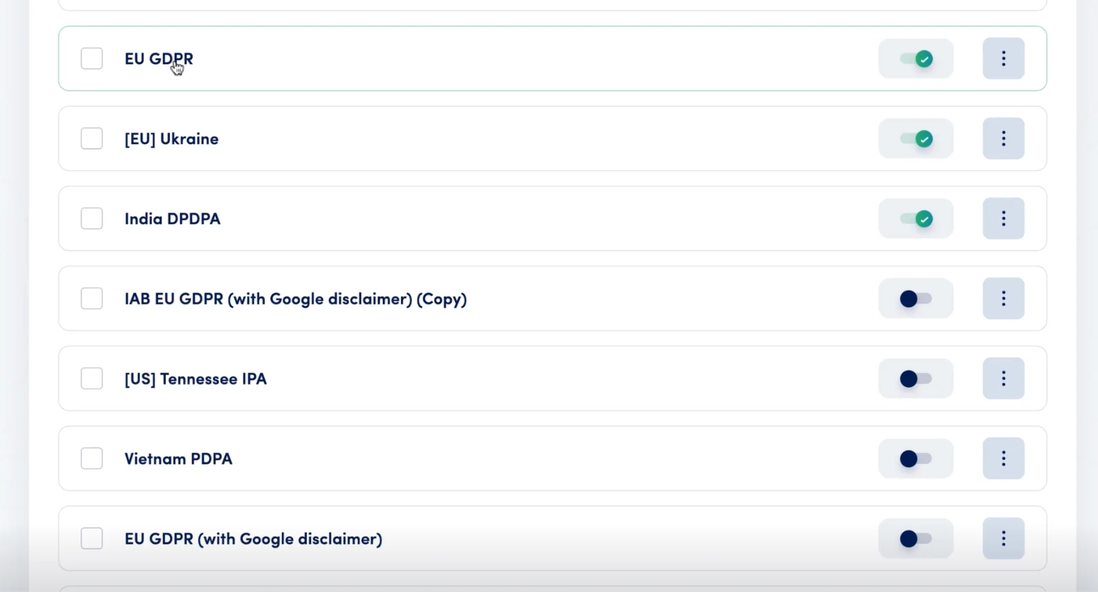 Secure Privacy Templates tab showing list of privacy templates with region settings and side panel configuration