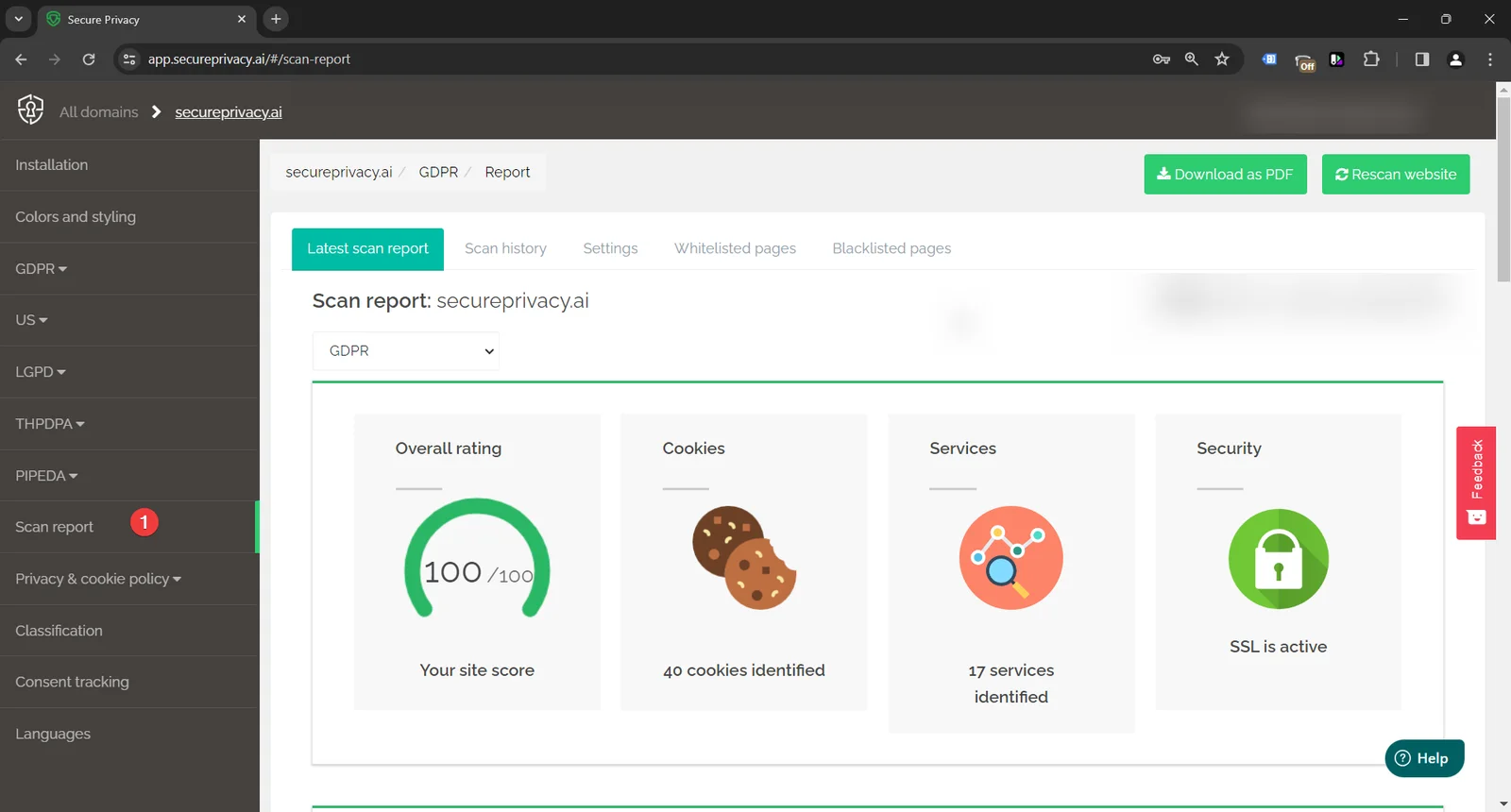 Secure Privacy Scan Report showing detected cookies and third-party services with classification and blocking status