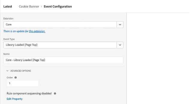 Adobe Launch rule event configuration screen showing the recommended settings for triggering the Secure Privacy script