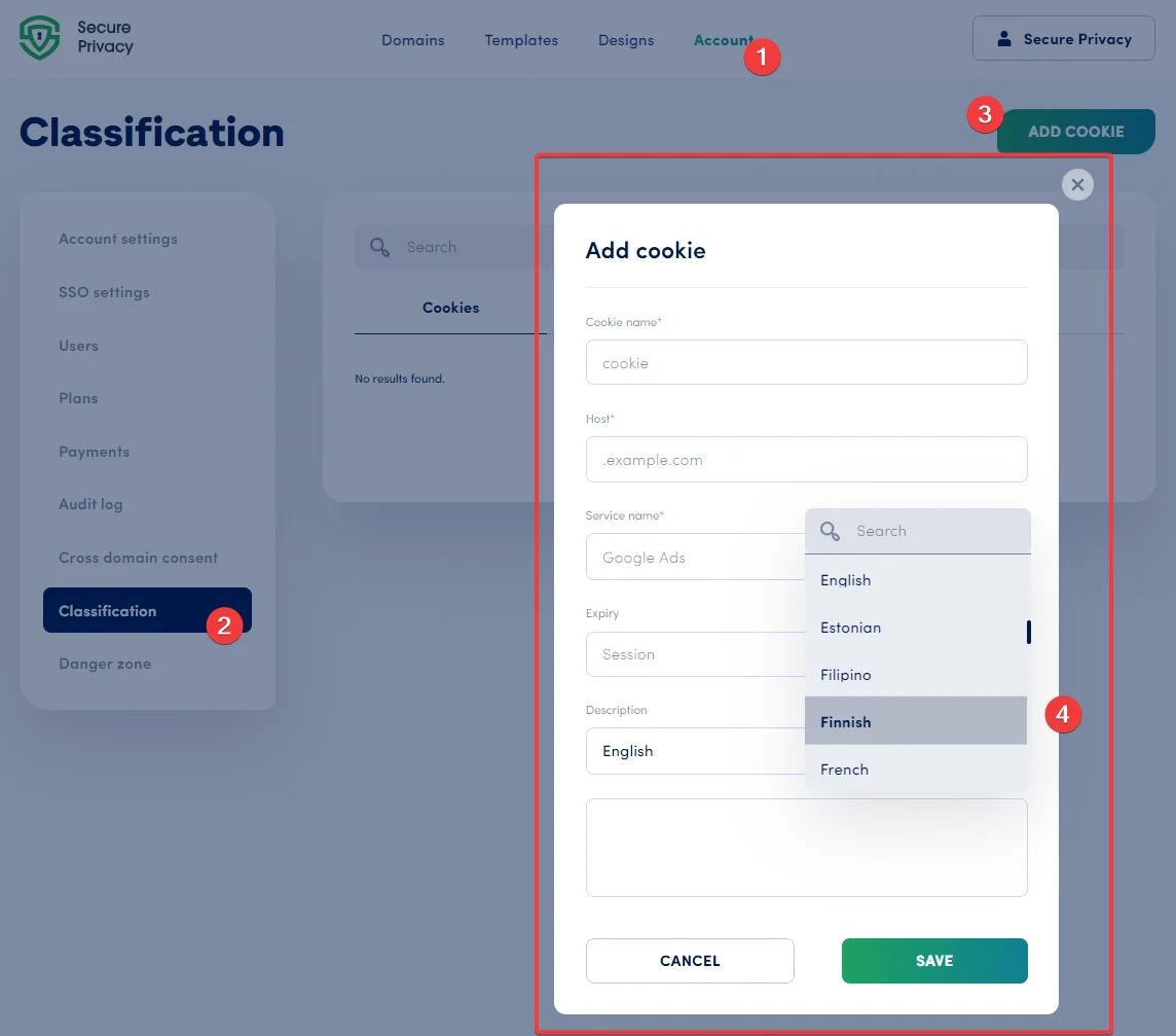 Secure Privacy account-level Classification Cookies tab showing the Add Cookie form with fields for cookie name, host, category, service name, expiry, and multilingual description