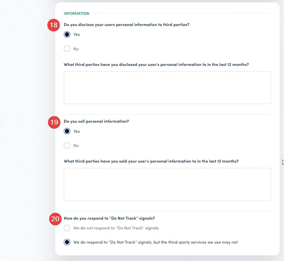 Secure Privacy privacy policy generator showing the Do Not Track responses field and the Save button at the top of the completed questionnaire