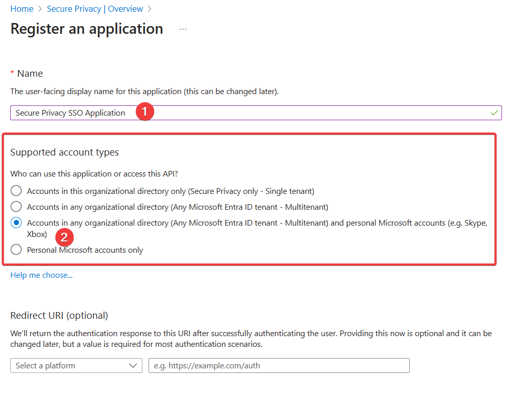 Azure App registration setup wizard showing the supported account type selection for the Secure Privacy SSO application