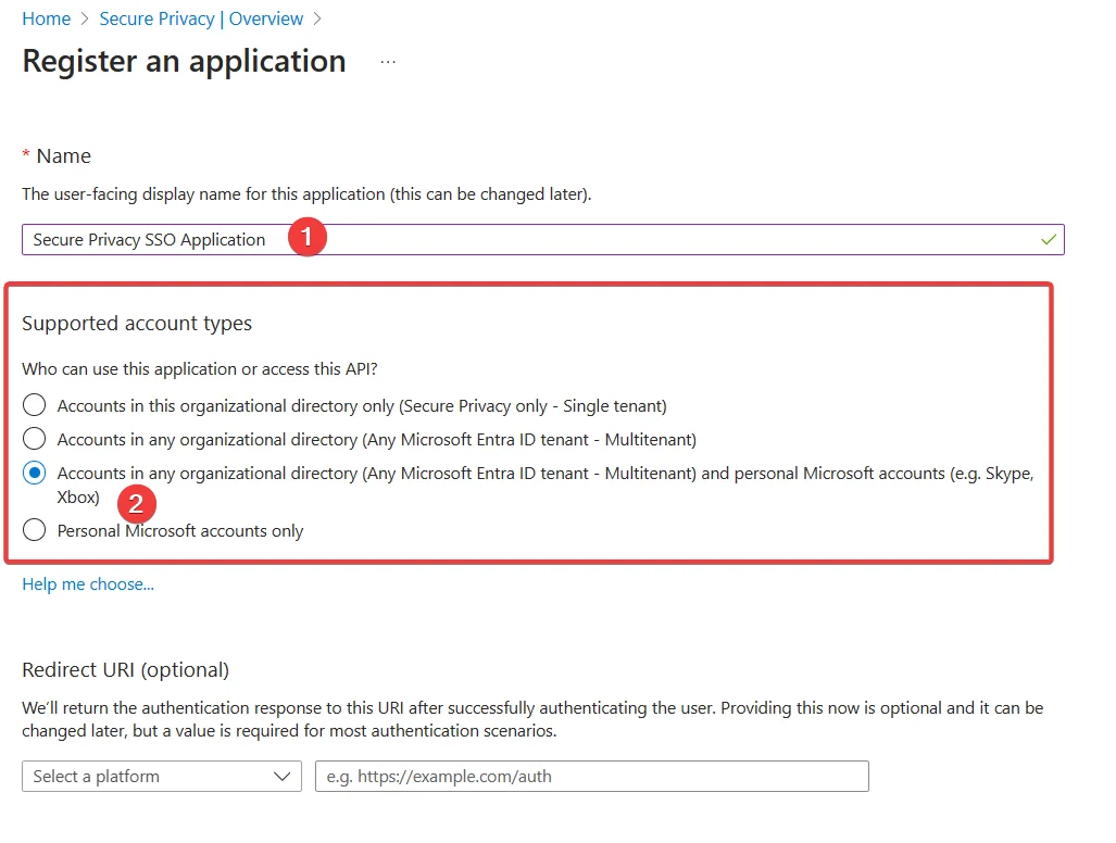 Azure App registration setup wizard showing the supported account type selection for the Secure Privacy SSO application