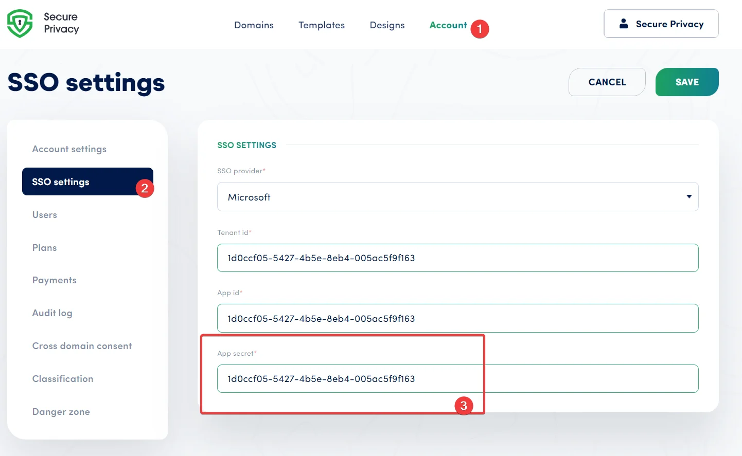 Secure Privacy SSO settings page showing the Client secret field where the Azure client secret value should be pasted
