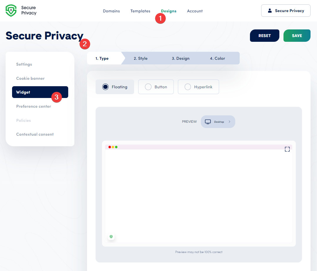 Secure Privacy dashboard showing the Design section in the top toolbar with access to widget configuration options