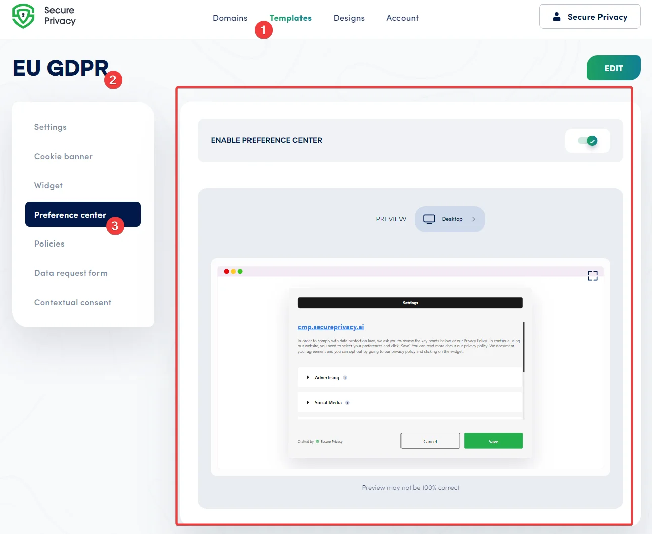Secure Privacy Template settings showing the Preference Center section with Enable Preference Center toggle and Preview options