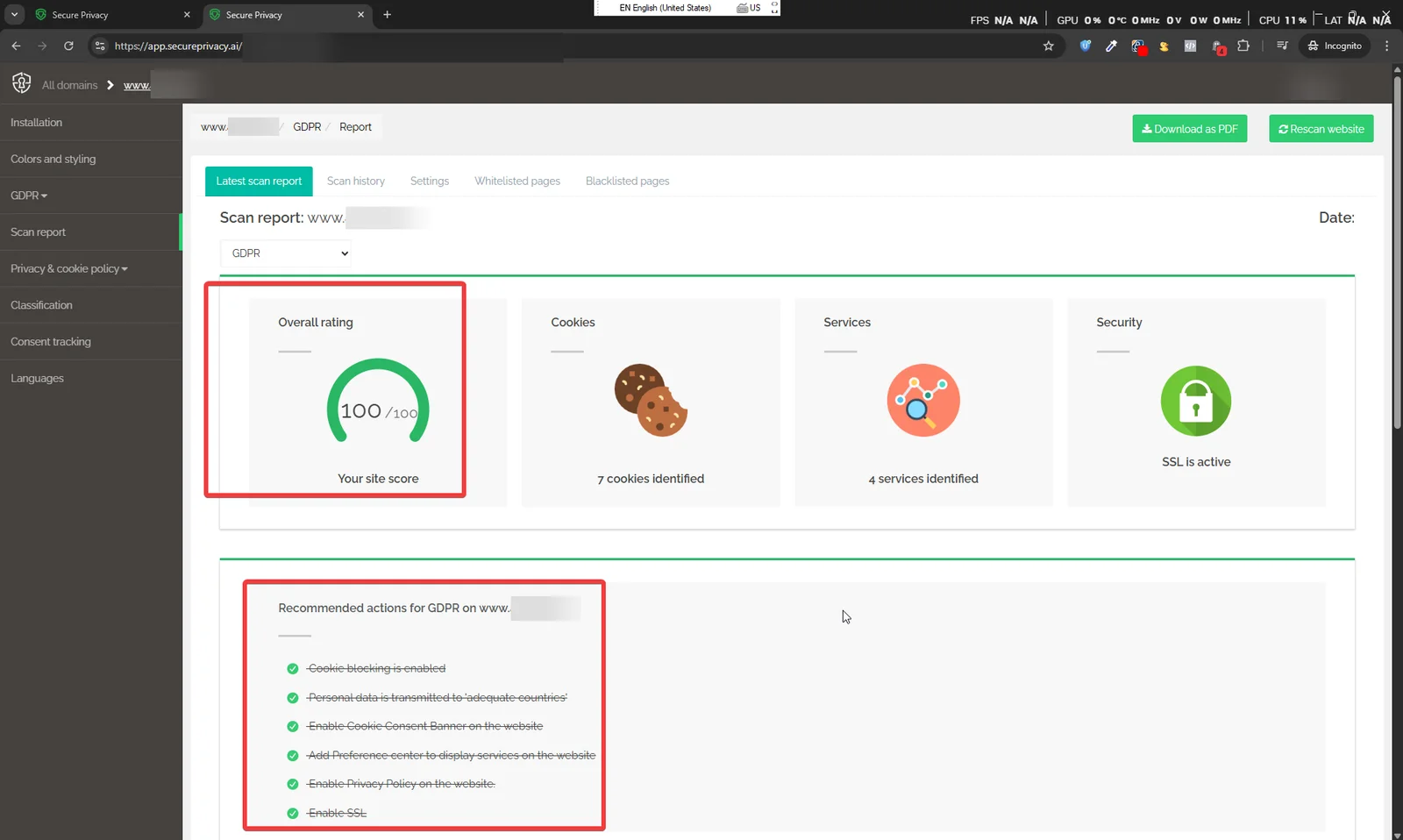 Secure Privacy Scan Report page showing overall compliance rating and recommended actions with red X indicators