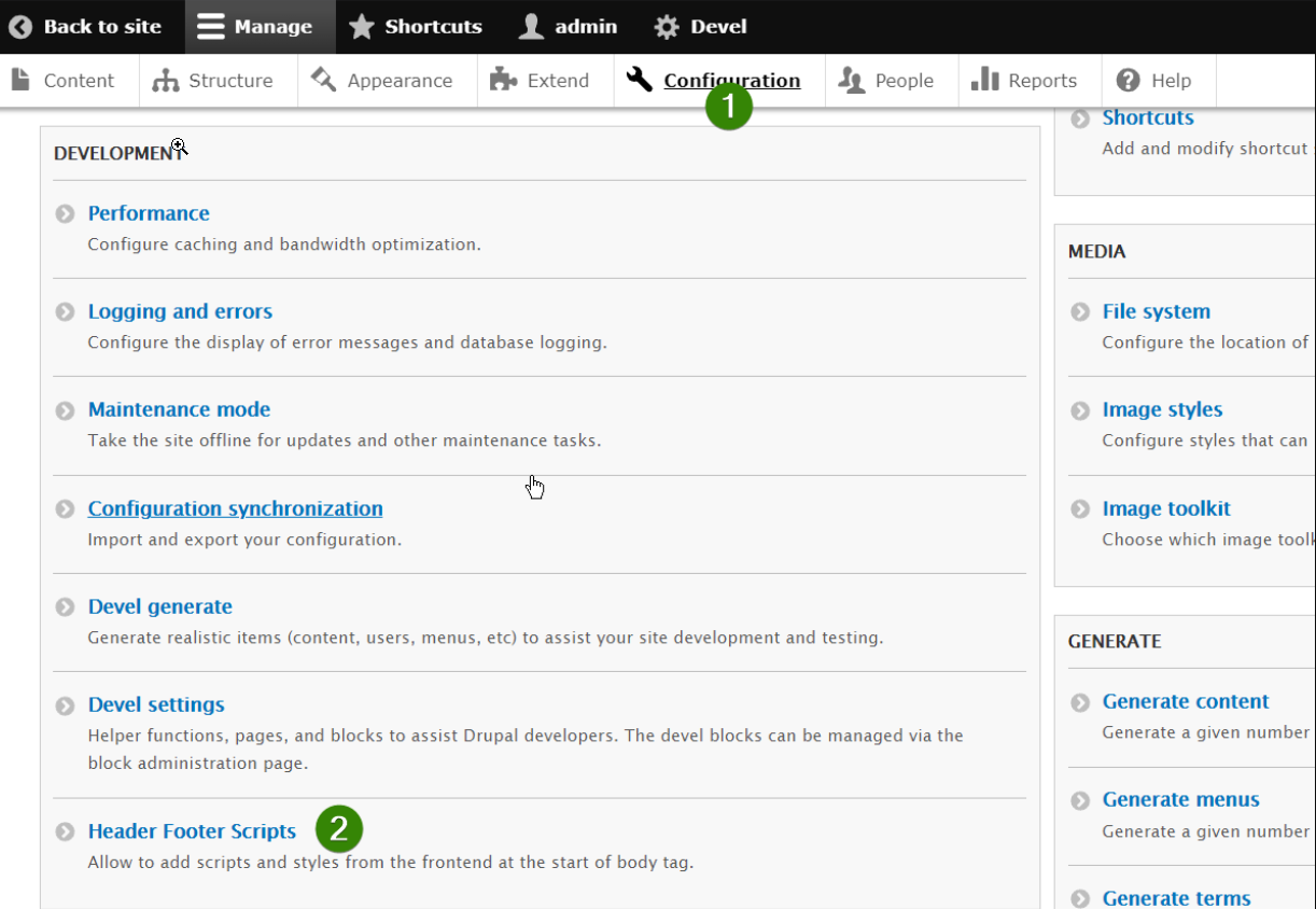 Drupal Header and Footer Scripts configuration page showing the Header Scripts field where the Secure Privacy script should be pasted