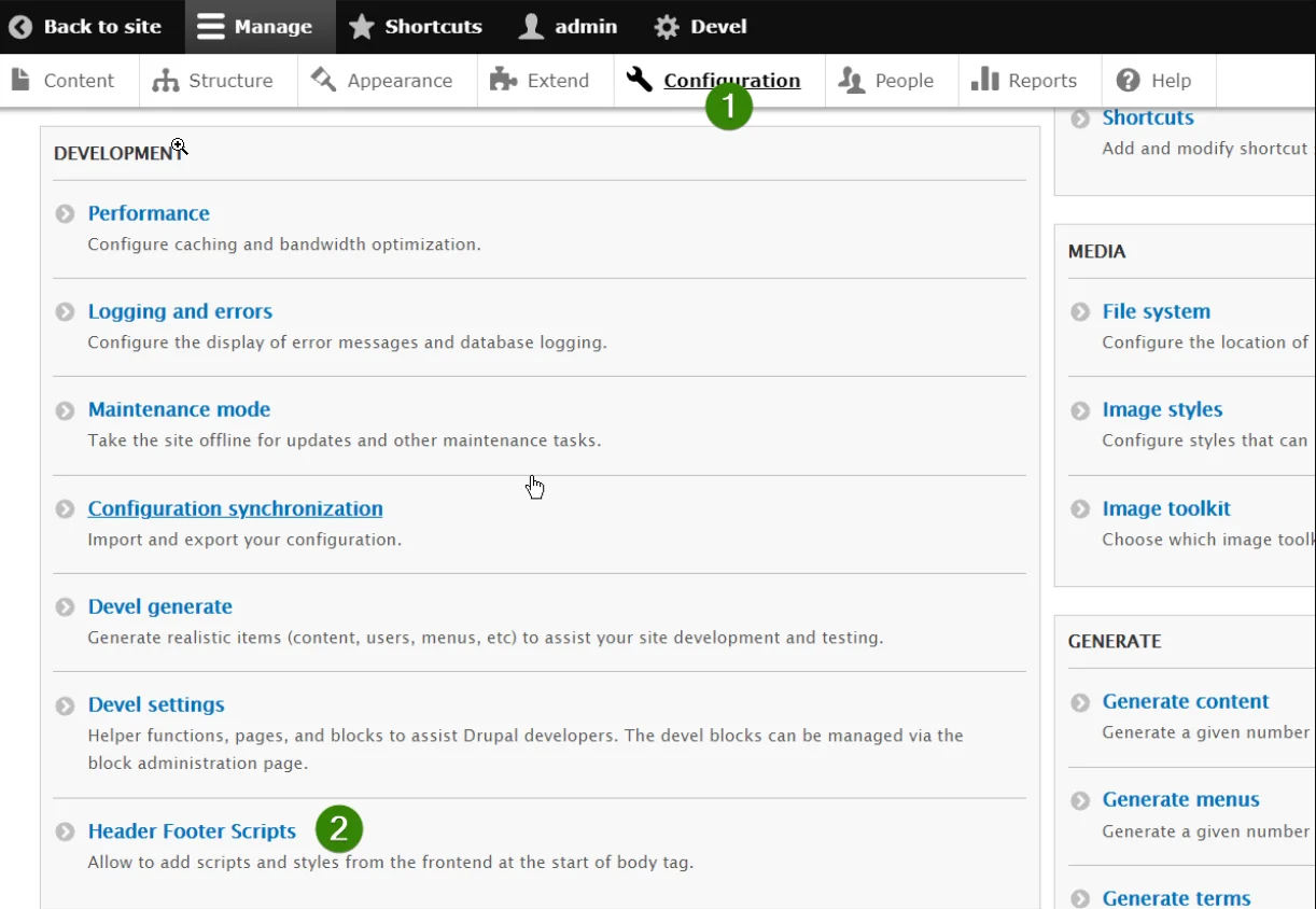 Drupal Header and Footer Scripts configuration page showing the Header Scripts field where the Secure Privacy script should be pasted