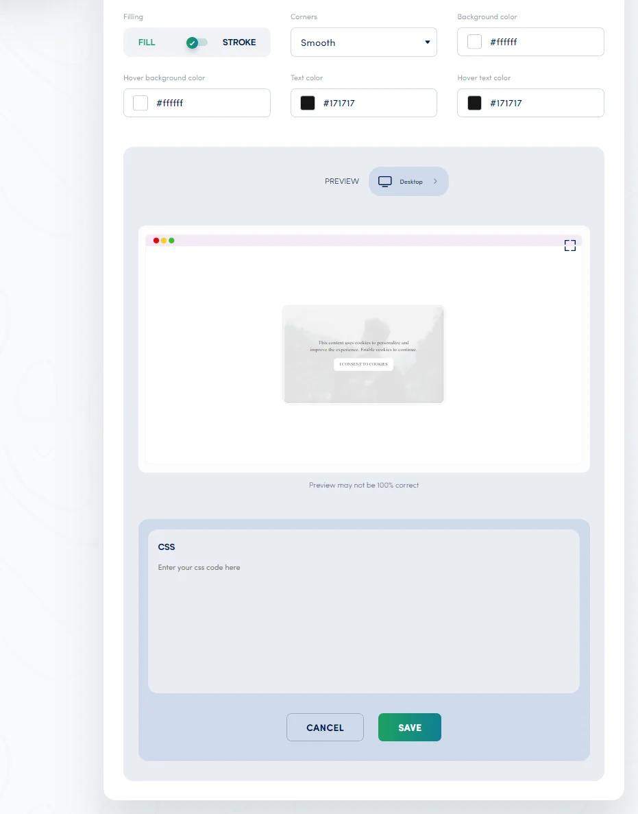 Secure Privacy contextual consent design editor showing button fill style, corner style, background color, and hover color configuration options