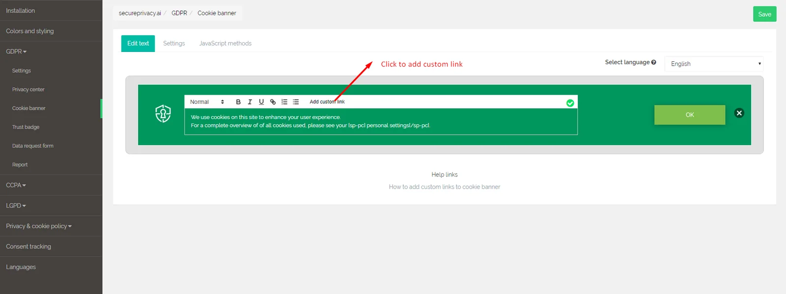 Secure Privacy cookie banner text editor showing the Add Custom Link button in the toolbar