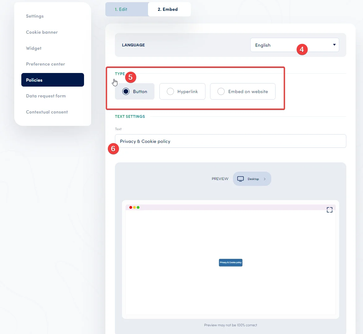 Secure Privacy cookie declaration editor showing pre-defined cookie category sections and available shortcodes for automatically populating domain-specific cookie data