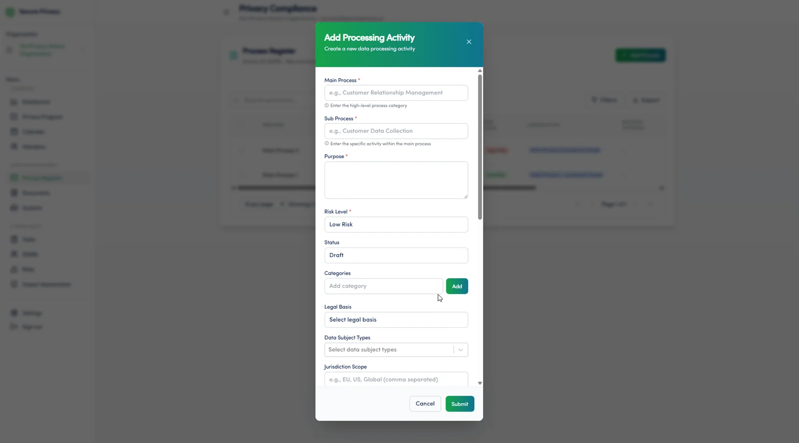 Secure Privacy Process Register module Add Process form showing fields for process name, purpose, data categories, retention period, and technical measures