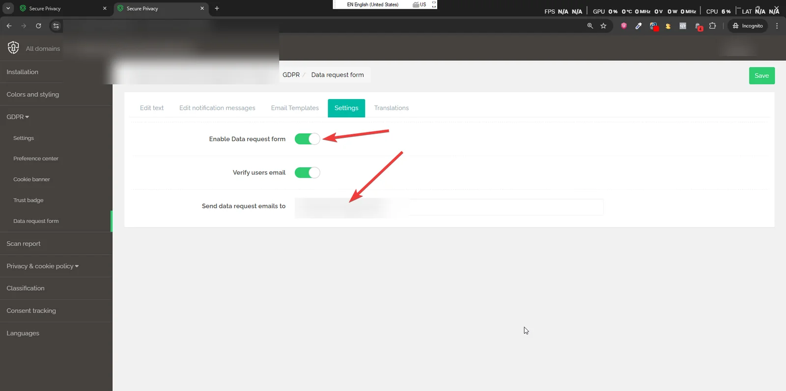 Secure Privacy DSAR form settings showing the Send data request emails to field for configuring notification recipients