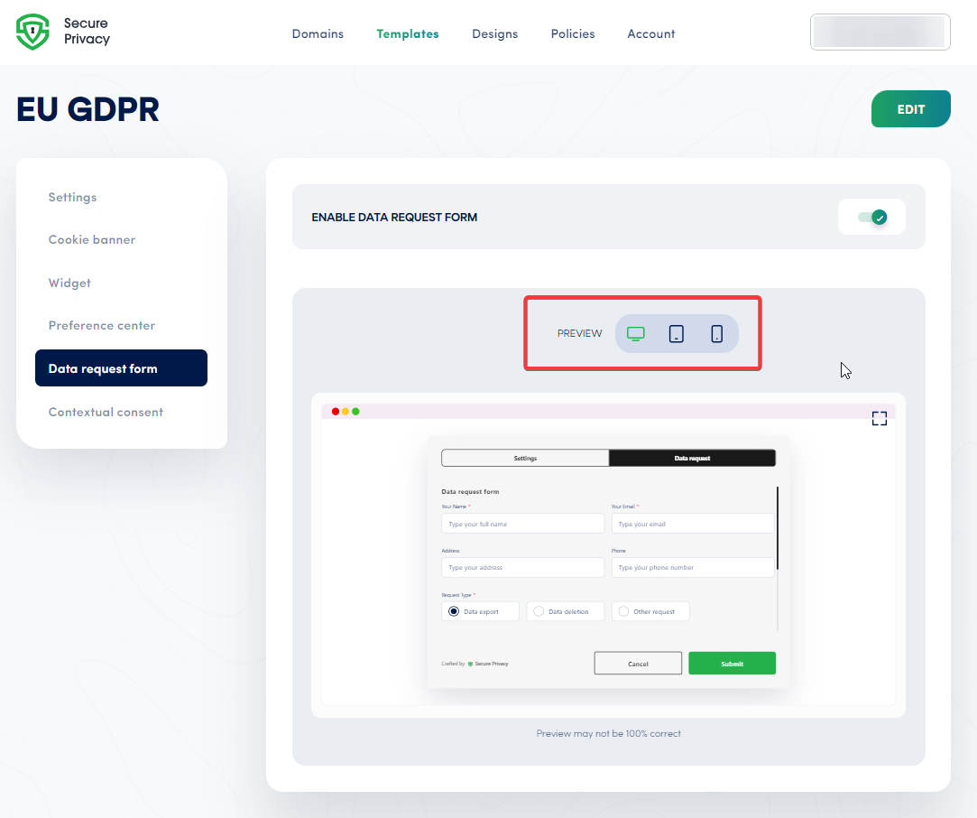 Secure Privacy DSAR form preview showing the data request form layout on desktop, tablet, and mobile viewports