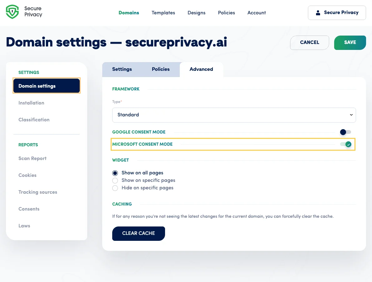 Secure Privacy dashboard showing the Microsoft UET Consent Mode toggle enabled in the Advanced tab of Domain Settings