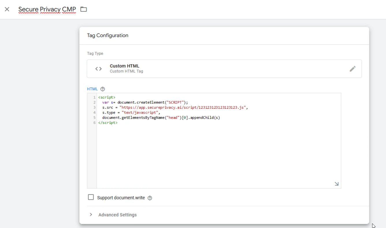 Google Tag Manager tag configuration panel showing a Custom HTML tag named 'Secure Privacy Script' with the Consent Initialization trigger selected