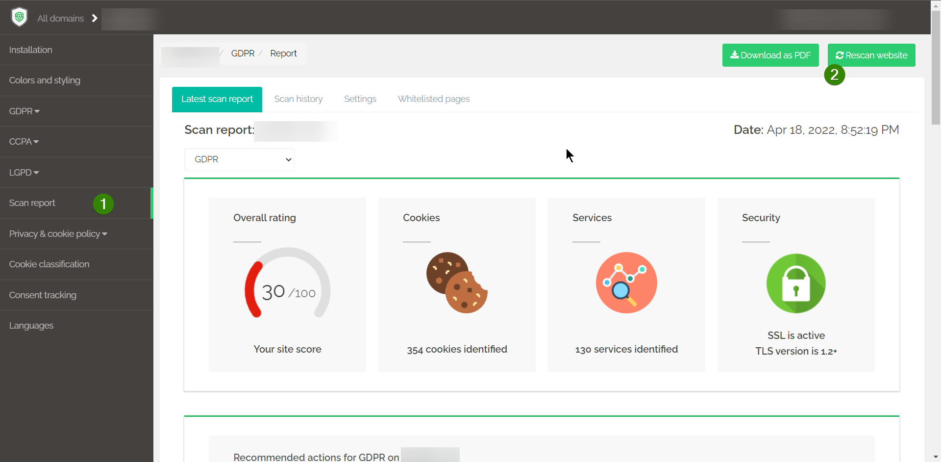 Secure Privacy Scan Report page showing rescan in progress to verify manual blocking configuration is working correctly
