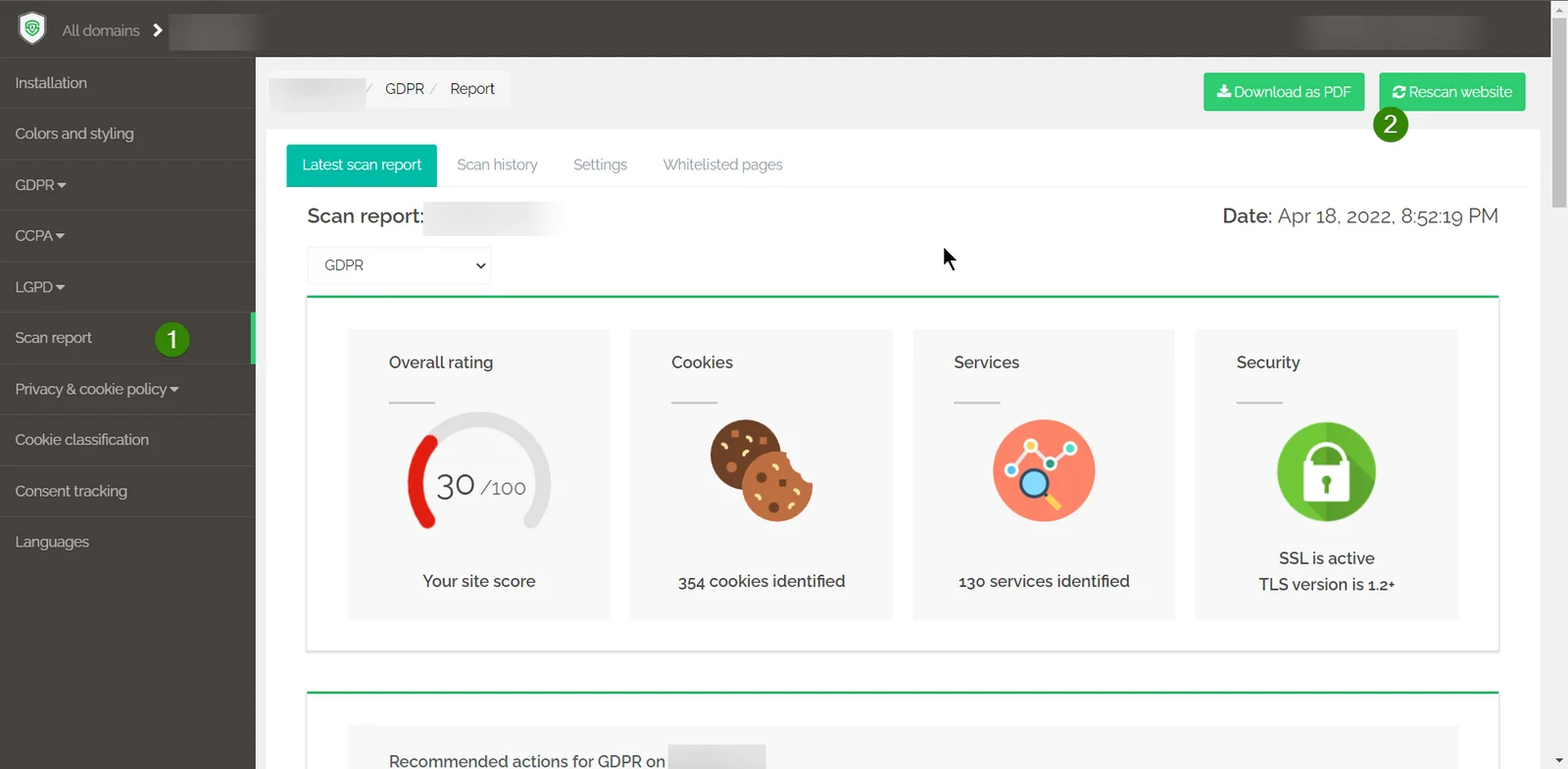 Secure Privacy Scan Report page showing rescan in progress to verify manual blocking configuration is working correctly