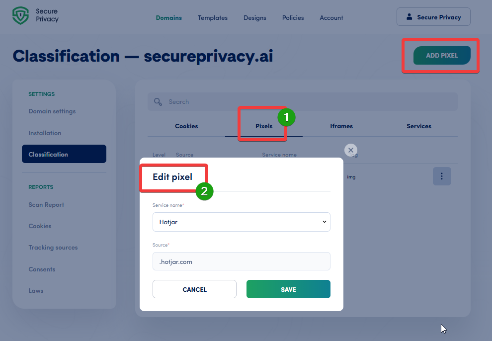 Iframes and pixels tab in Secure Privacy CMP showing mapped source URLs to block tracking pixels before user consent