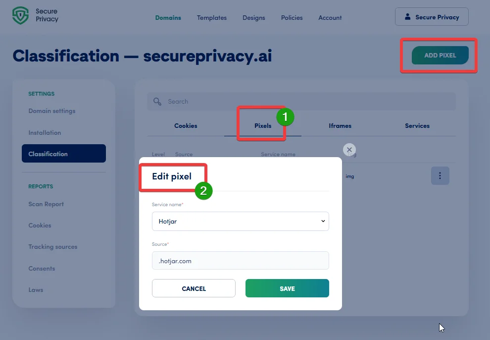Iframes and pixels tab in Secure Privacy CMP showing mapped source URLs to block tracking pixels before user consent