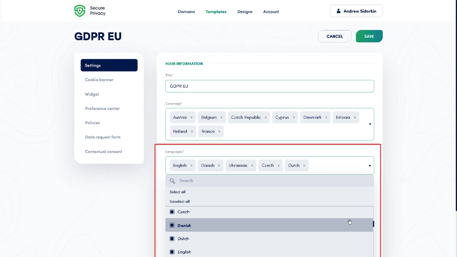 Secure Privacy multi-language support settings showing available language options for cookie banners