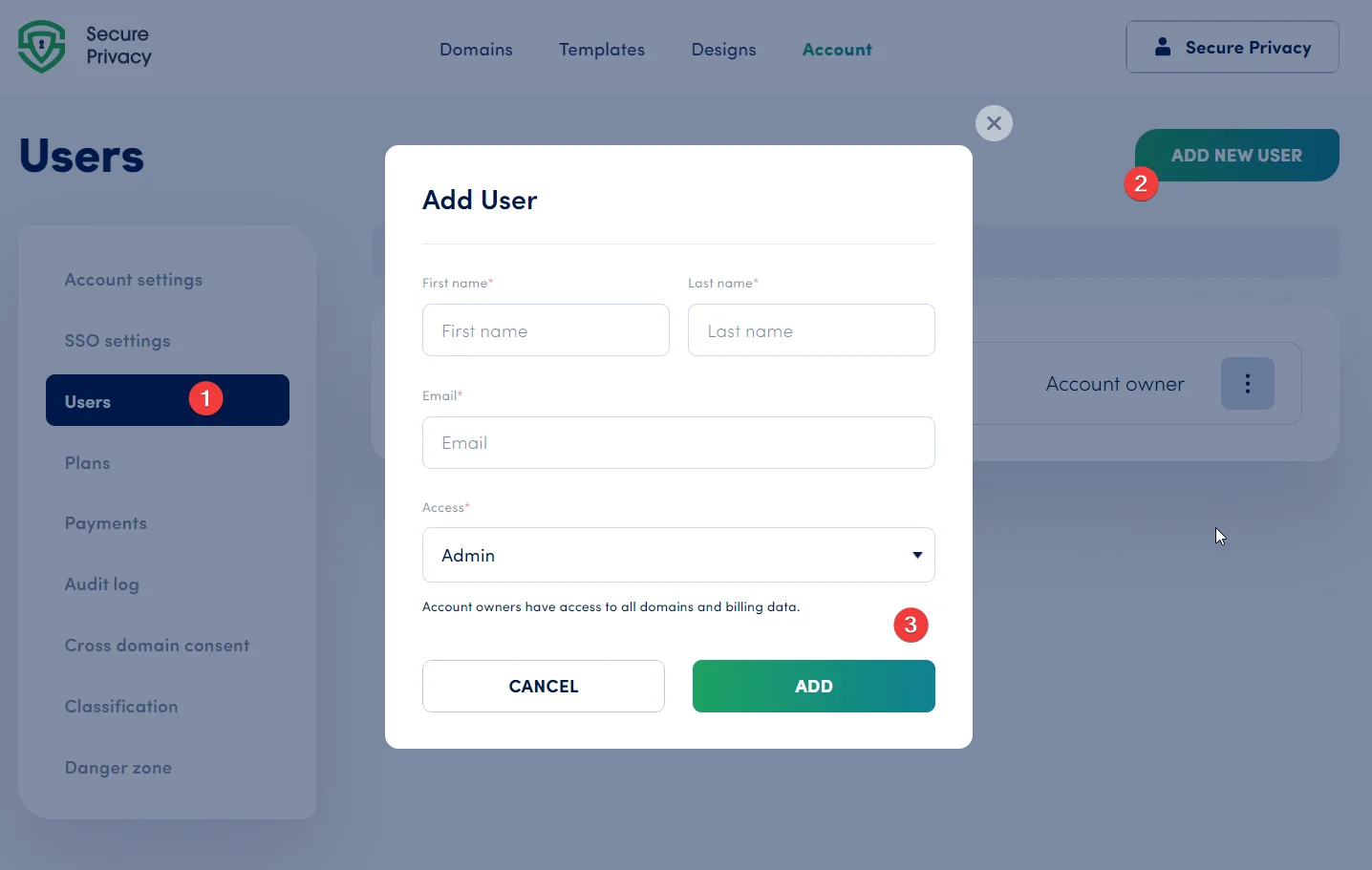 Secure Privacy Users page showing where to add Azure Active Directory organization users to enable Microsoft SSO login