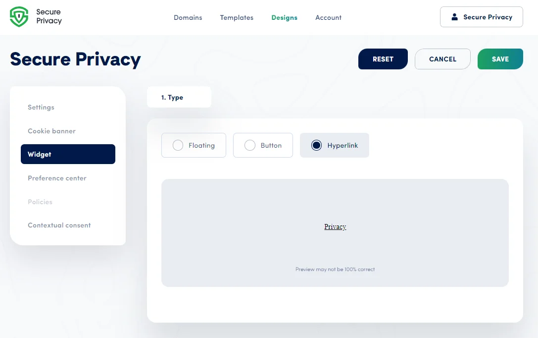 Secure Privacy Button widget type selected in the Widget settings showing the simple button display with no additional configuration options