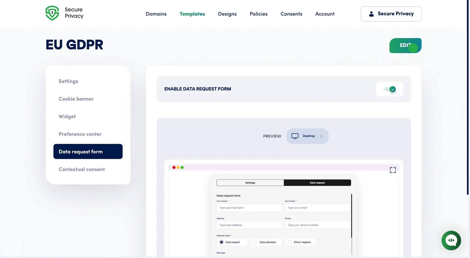 Secure Privacy DSAR form editor showing Enable data request form toggle and Text tab selected