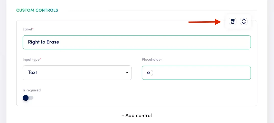 Secure Privacy DSAR form editor showing Add control button and available custom control types
