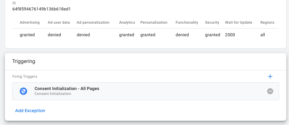 GTM trigger configuration screen showing Consent Initialization – All Pages trigger selected