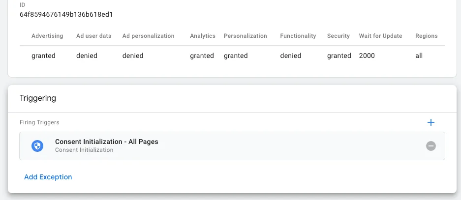 GTM trigger configuration screen showing Consent Initialization – All Pages trigger selected