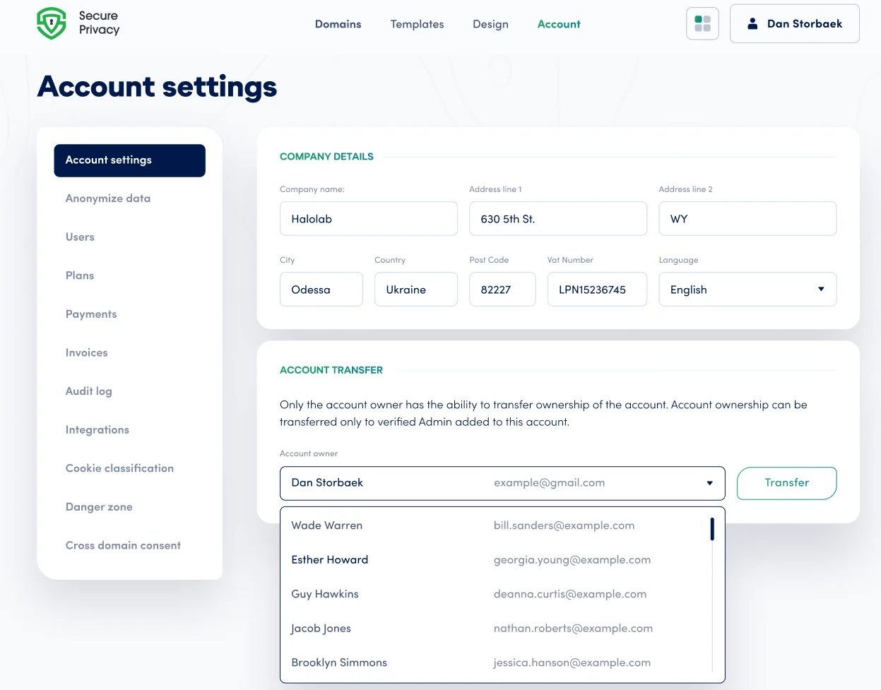 Secure Privacy Account Settings page showing the Account Transfer section with the Account Owner dropdown menu used to select a new owner