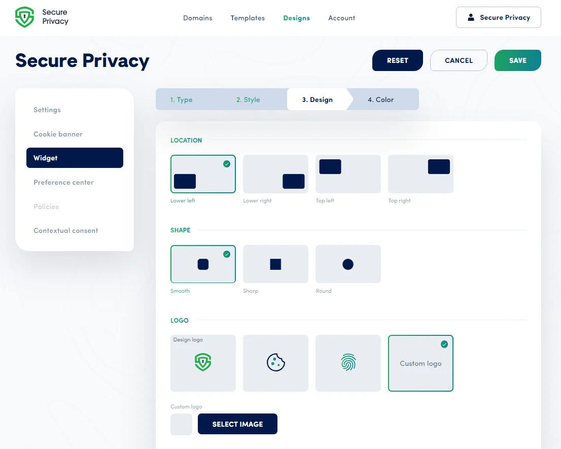 Secure Privacy floating widget Style options showing icon only, text only, and text plus icon display combinations