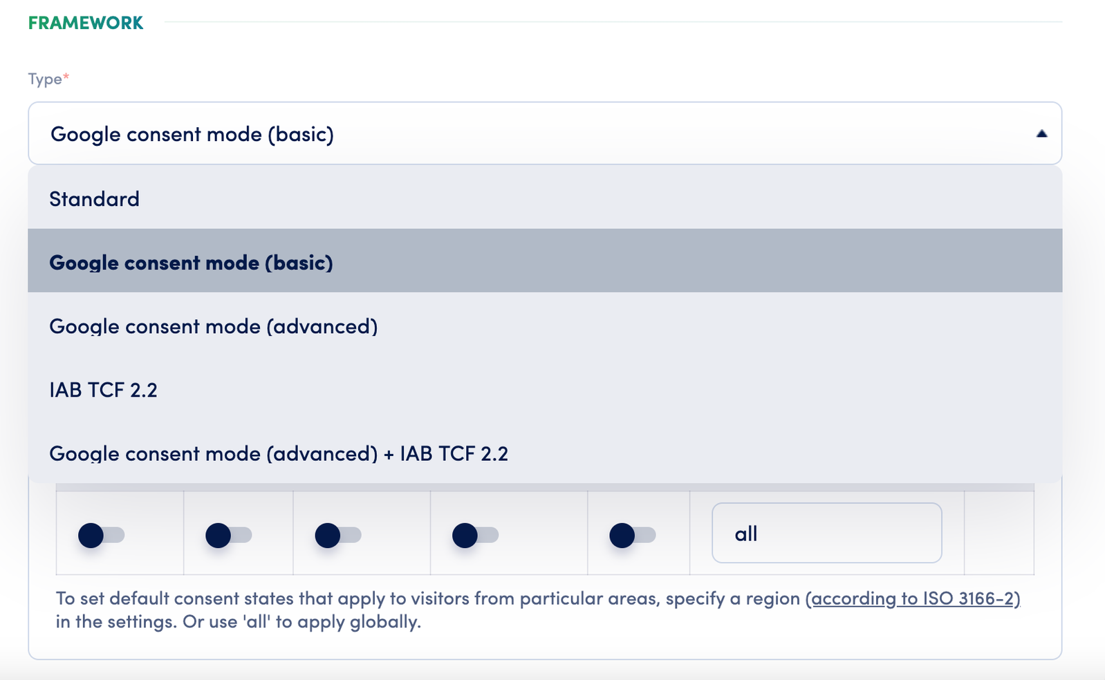 Secure Privacy domain settings showing the Google Consent Mode (Basic) framework category option selected