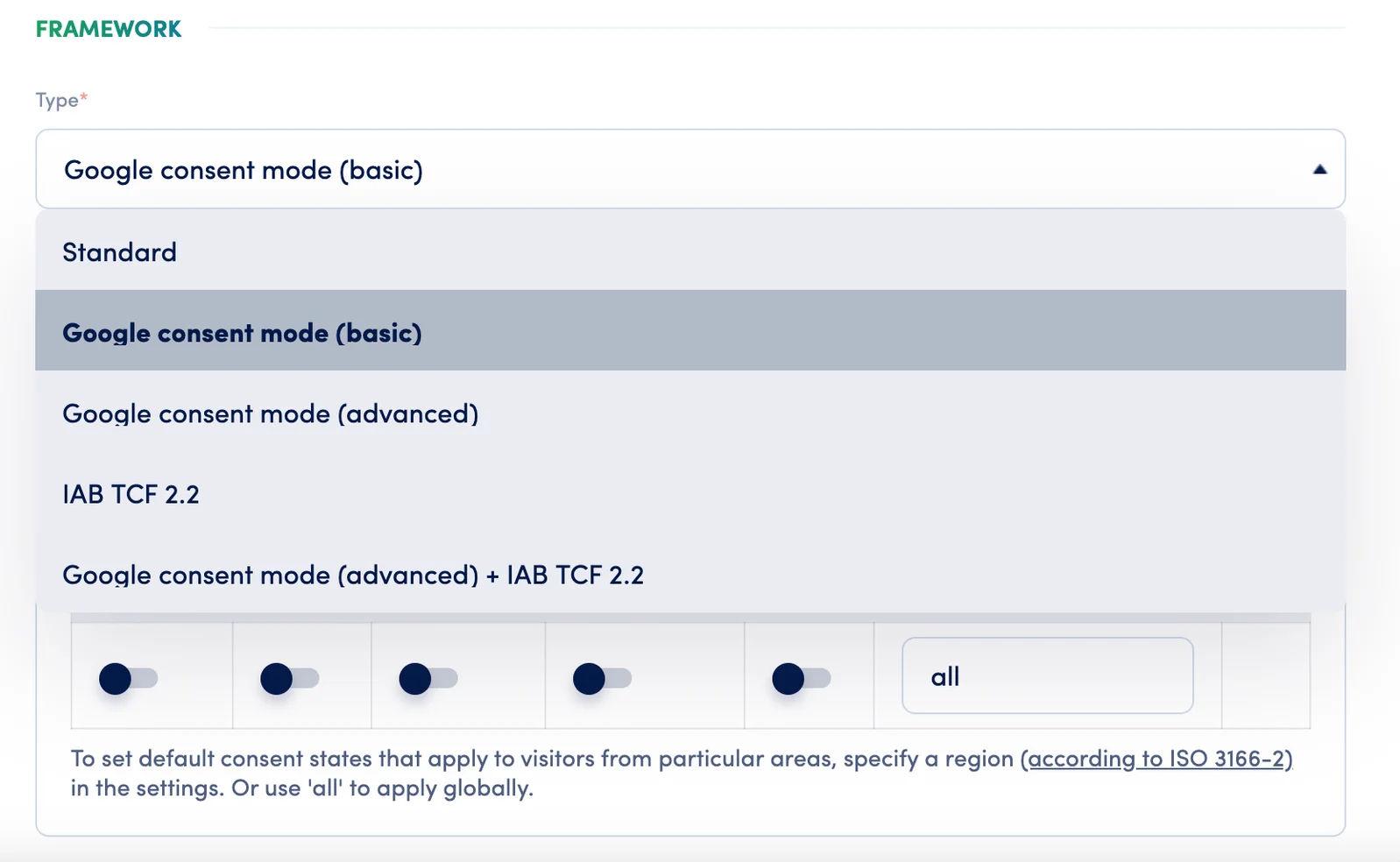 Secure Privacy domain settings showing the Google Consent Mode (Basic) framework category option selected