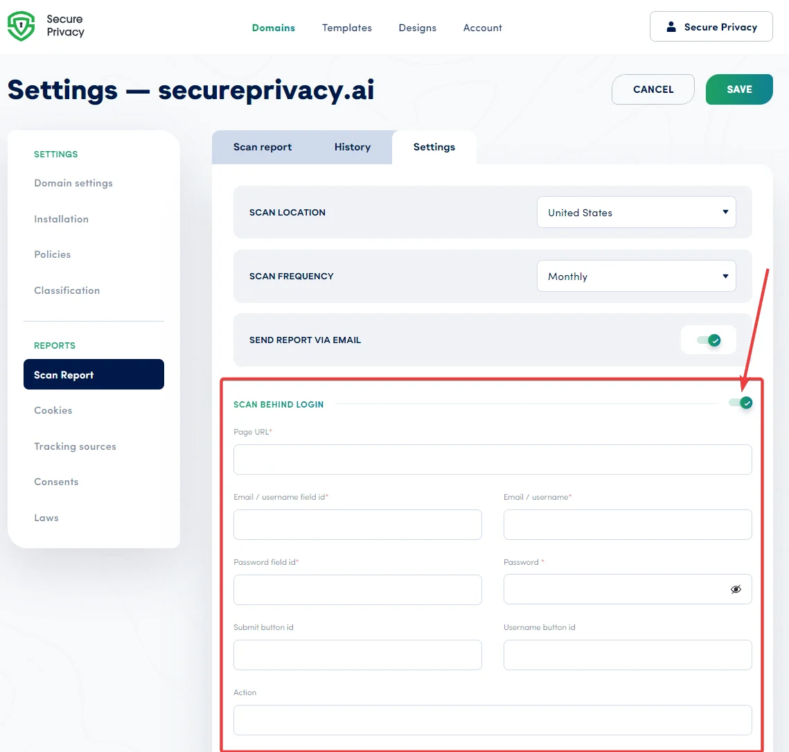 Secure Privacy Scan Behind Login configuration section showing input fields for login URL, username field ID, password field ID, and submit button ID