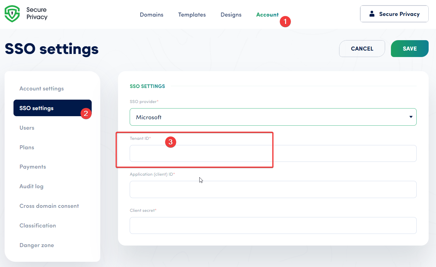 Microsoft Entra ID overview page showing the Tenant ID field to copy for Secure Privacy SSO configuration