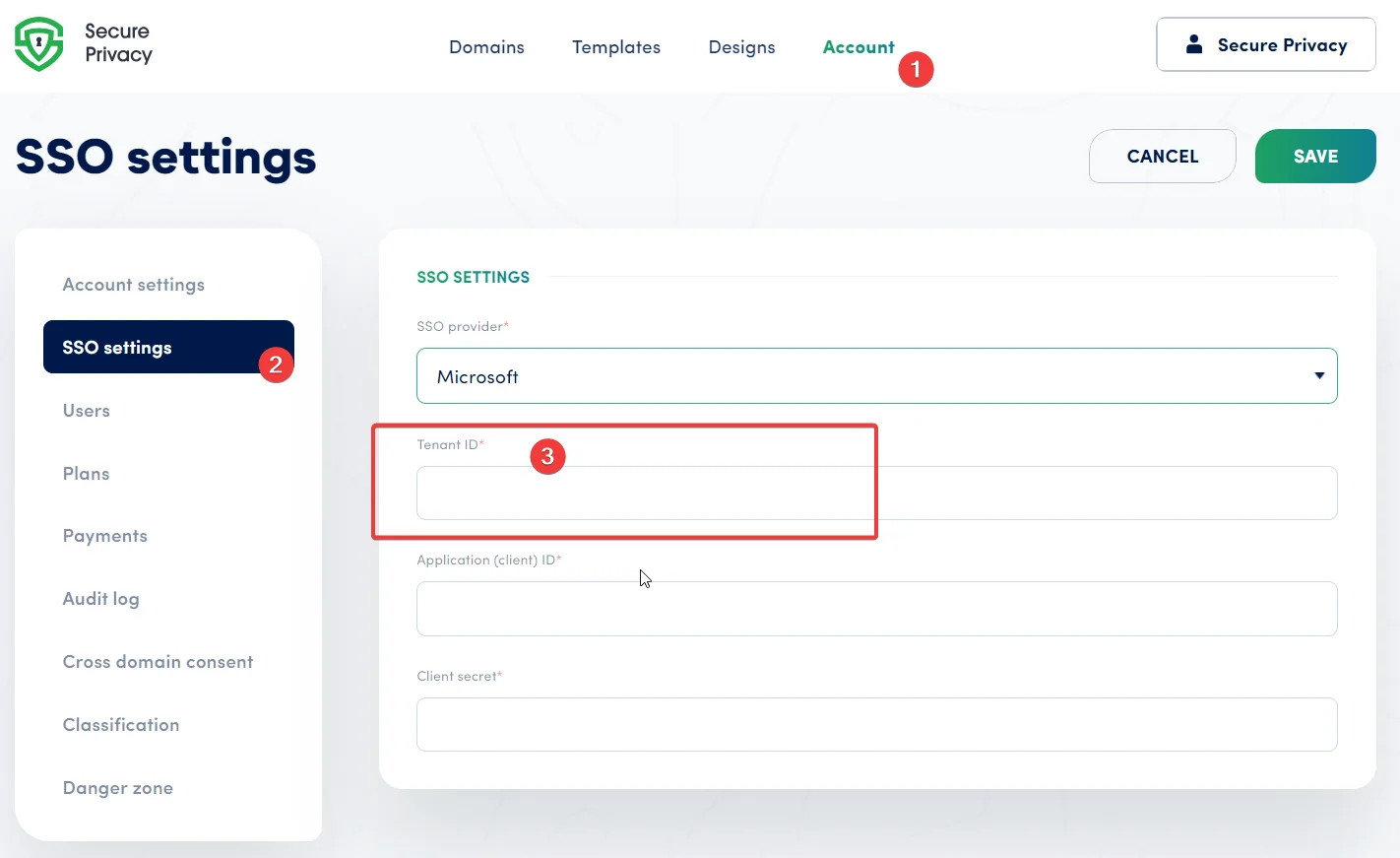 Microsoft Entra ID overview page showing the Tenant ID field to copy for Secure Privacy SSO configuration